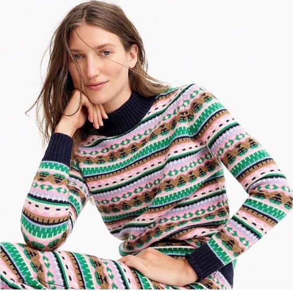 J. Crew Mock Neck Fair Isle Sweater M Medium Pink Navy Blue Green Brown - Picture 1 of 6
